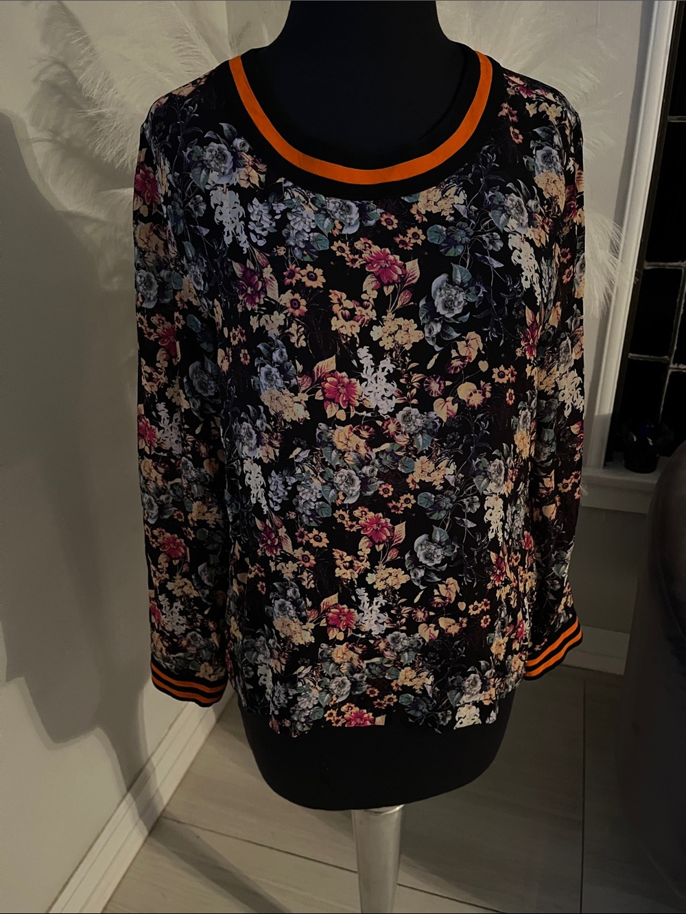 Floral Long-Sleeve Blouse with Orange Trim